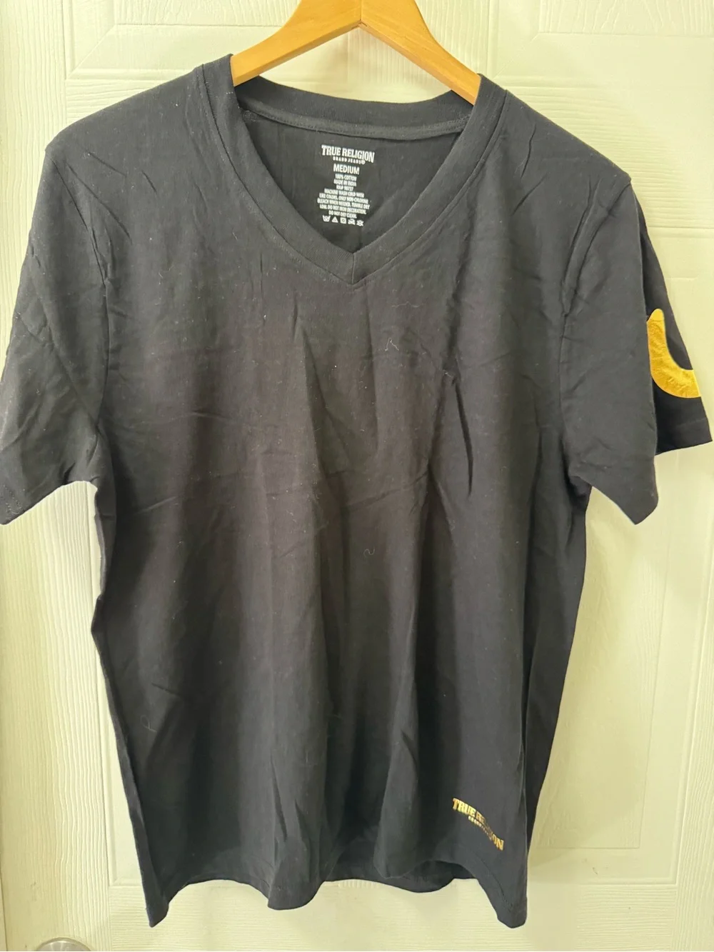 True Religion Black V-Neck Tee with Gold Accent
